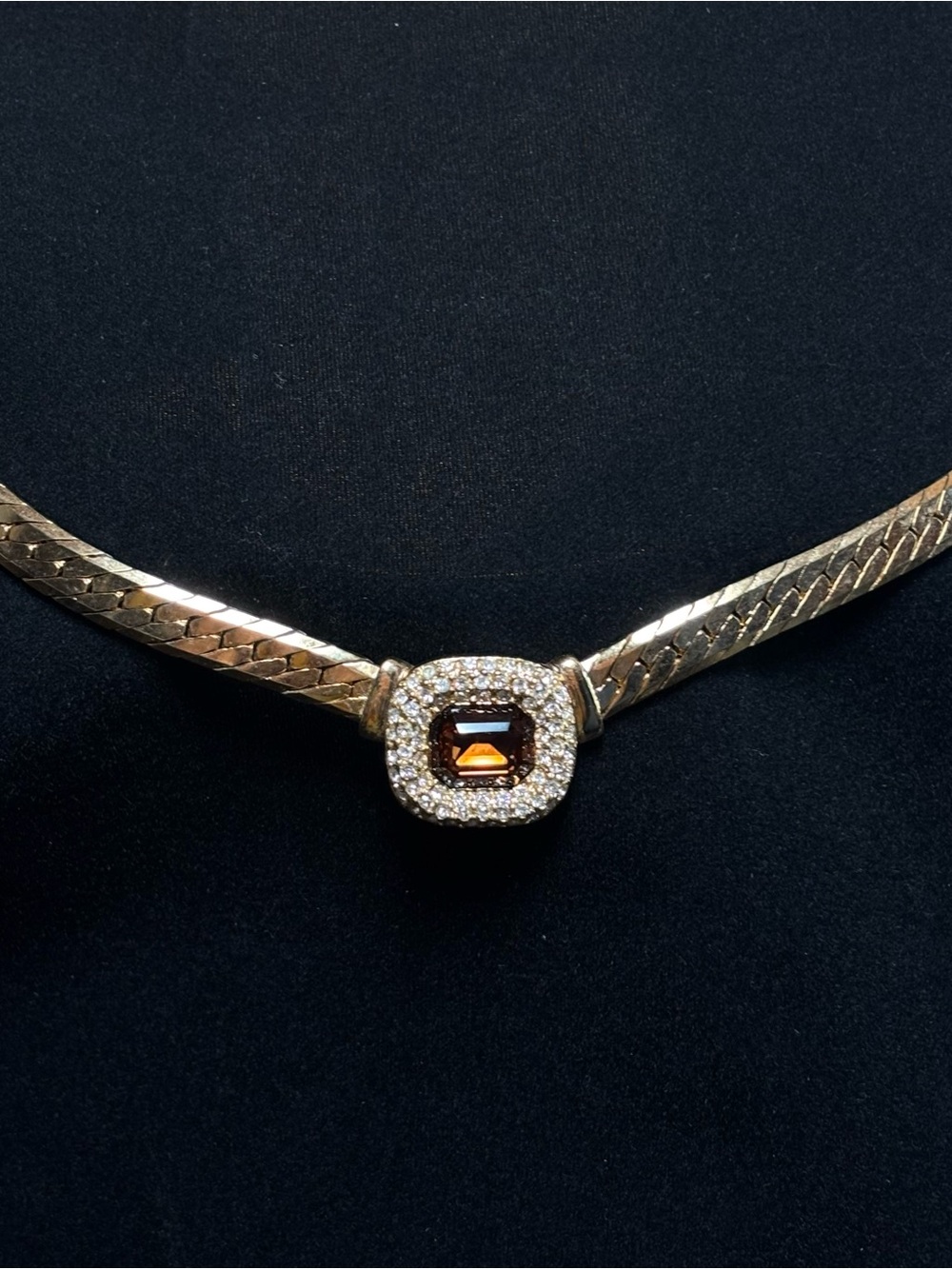 Vintage Christian Dior Herringbone Necklace Amber Topaz 70’s signed Chr.Dior